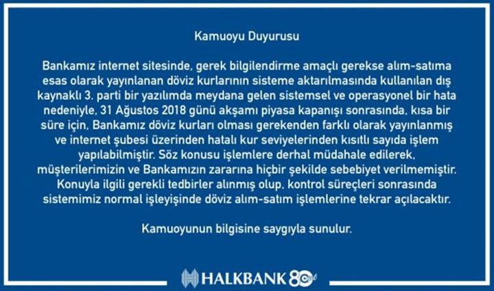 Halkbank'tan Açıklama Geldi: Hatalı Kurlardan Yapılan İşlemler İptal Edilmiştir.